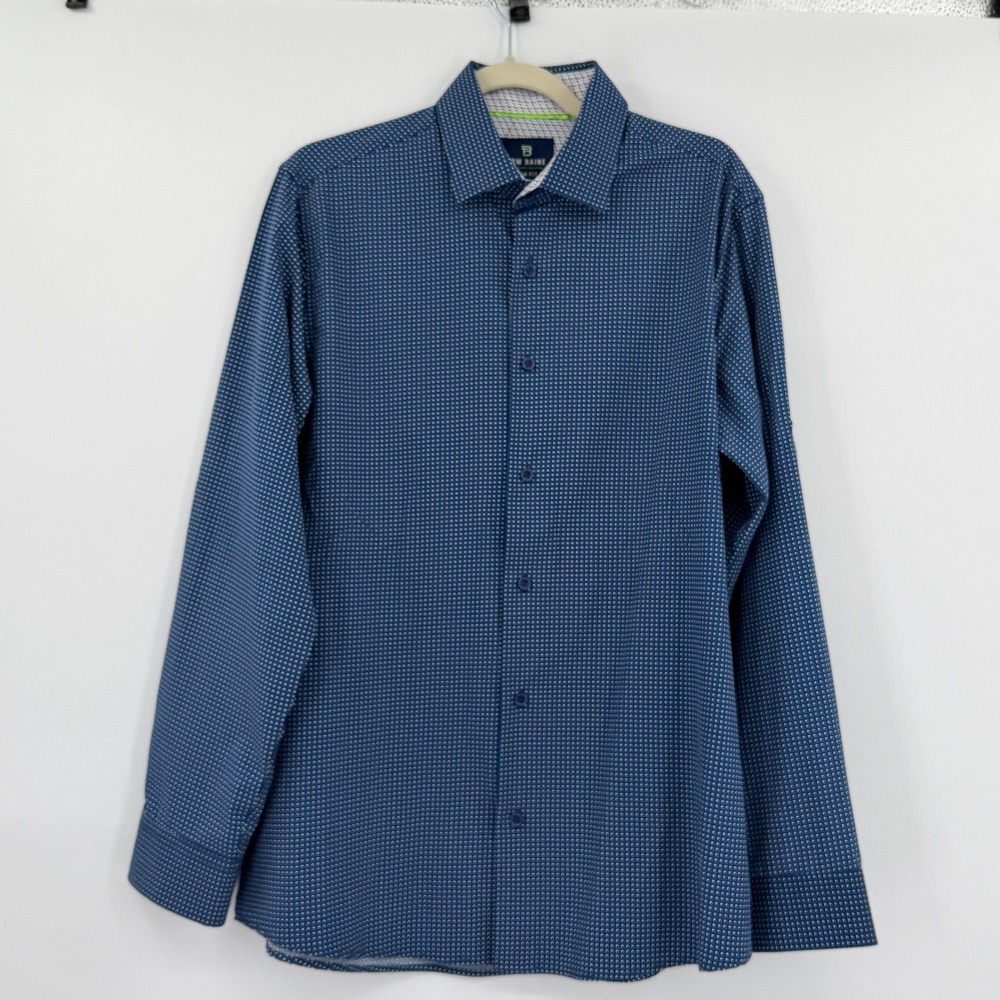Tom Baine Slim Fit Stretch Performance Shirt Blue White Polka Dot Large